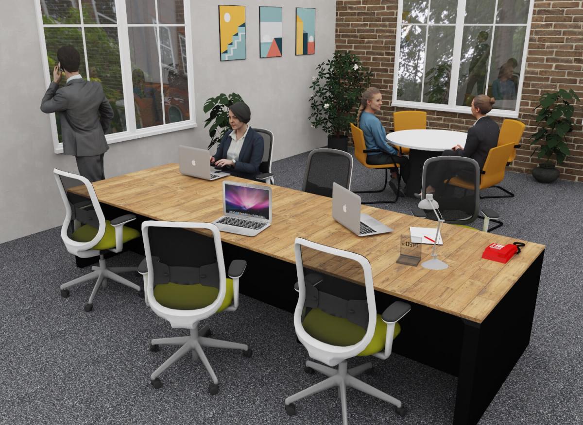 Four workers in an office, sat at a Morph bench desk and Morph meeting table