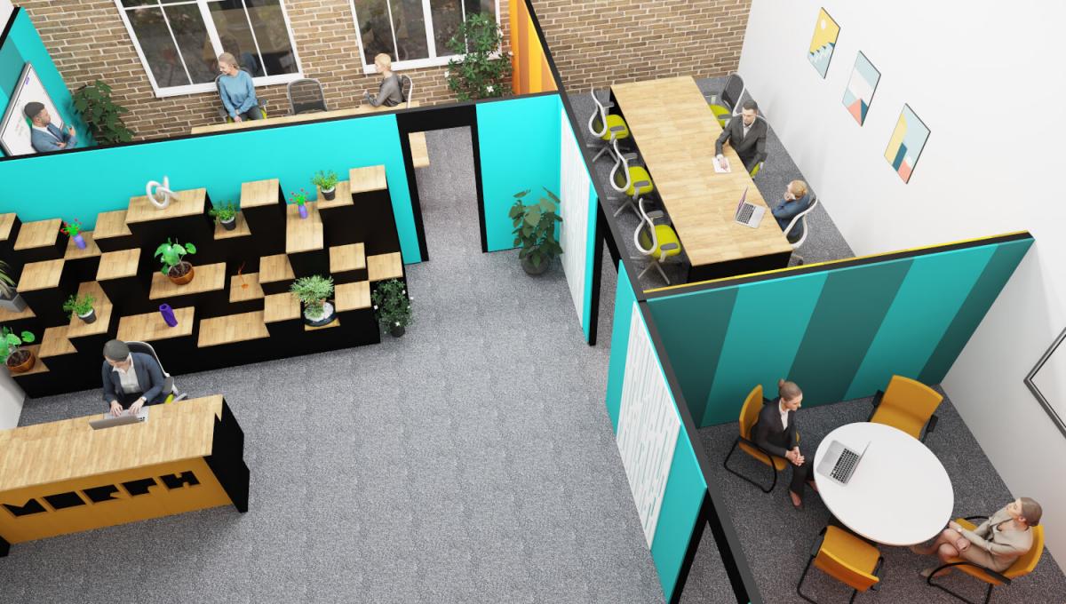 Hybrid office space with Morph walls with acoustic panels separating workers in morph room from reception space