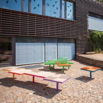 Pixel wood and steel seating units as outdoor public seating