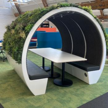 6 person meeting pod with bespoke green meadow covering