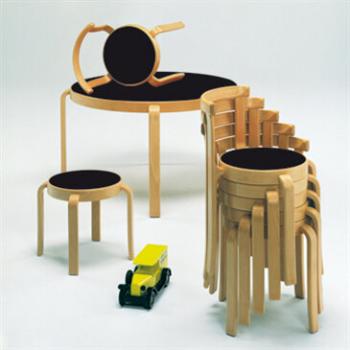 Stack of wooden 8000 series children's furniture with stool, table and chairs