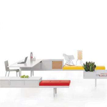 Level 34 desk system with benches in white with yellow and red features
