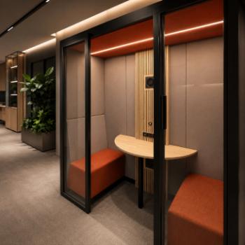 2 person meeting booth with wood slat exterior