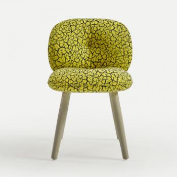 Sancal Mullit chair front view with wooden legs and yellow textile