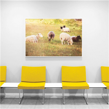 Waiting room with yellow A-Line modular bench with dividing white tables and picture