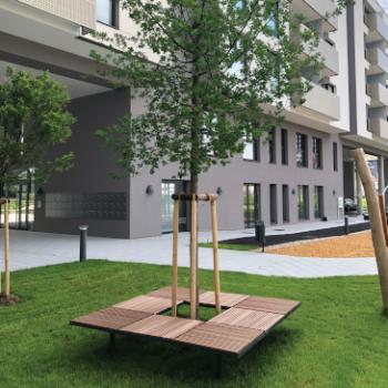 Pixel units used to create seating outside round tree