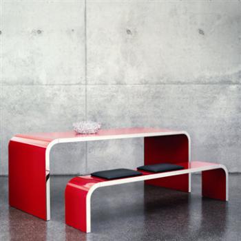 Highline Table and Bench, part of Mueller Highline Collection.