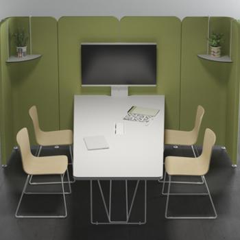 Lets meet and Lets talk meeting space with green upholstery and white tables and chairs