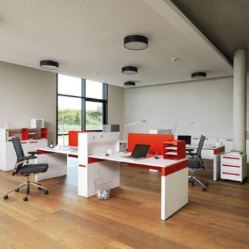 Workspace desks in red and white